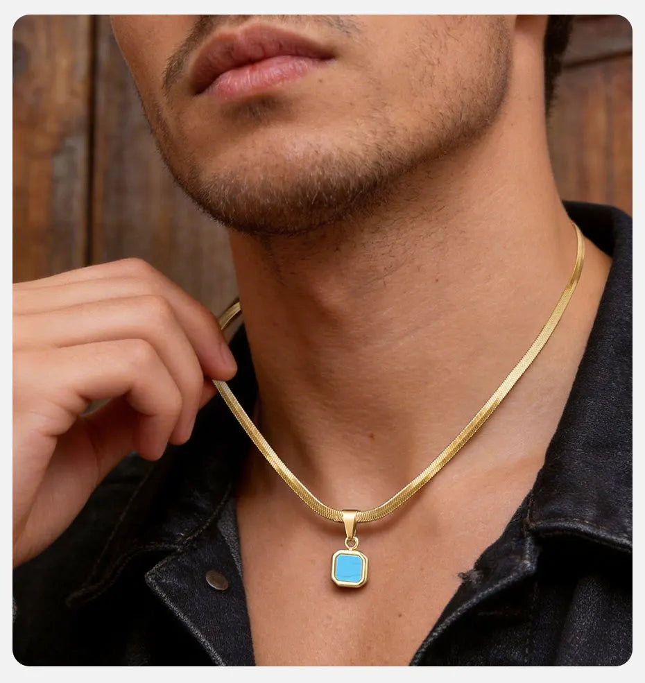 Vnox Geometric Square Natural Stone Pendant Necklace for Men, Gold Silver Color Stainless Steel Blade Chain, Trendy Jewelry Gift