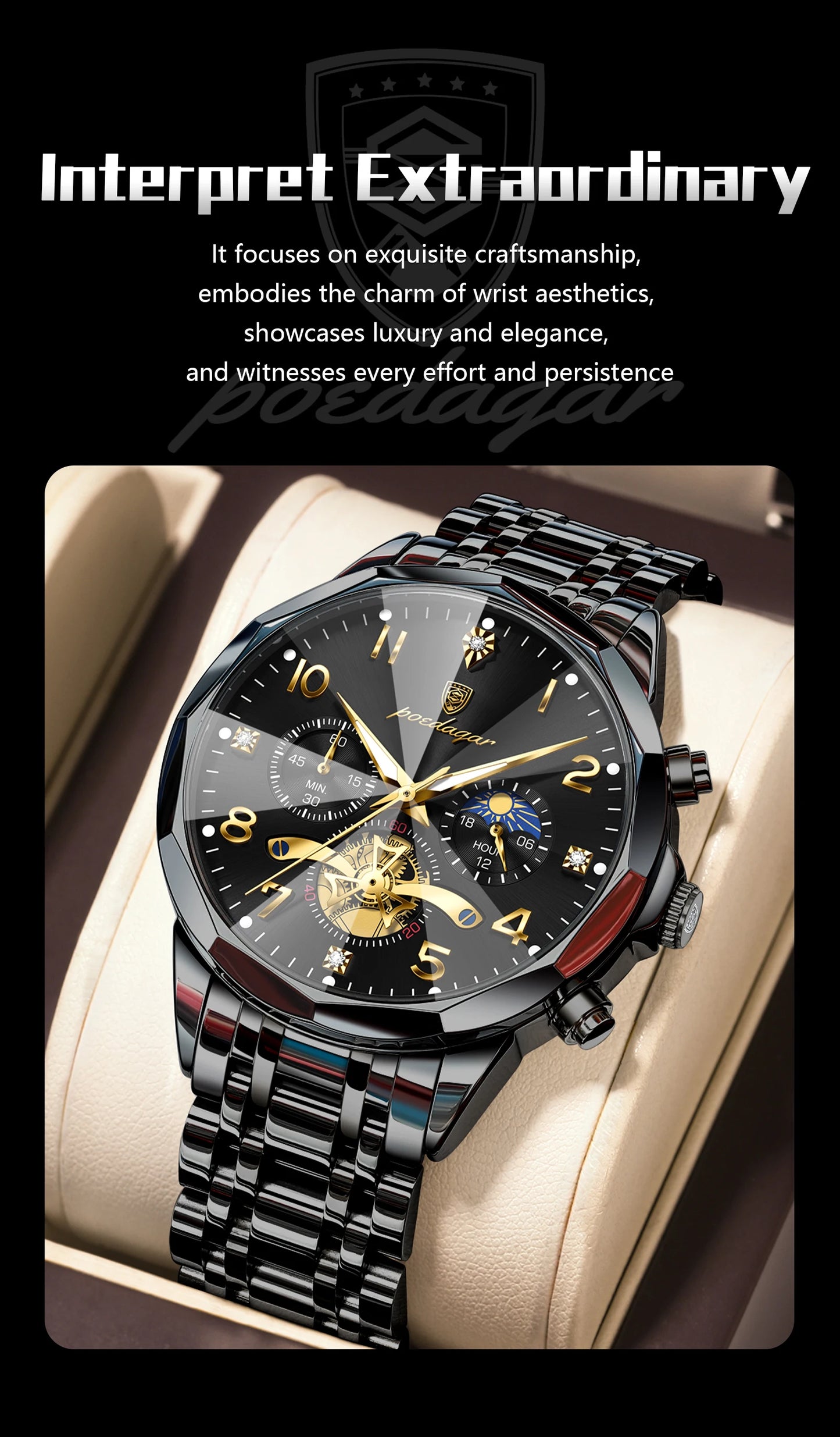 POEDAGAR Luxury High Quality Man Wristwatch Chronograph Stainless Steel Quartz Men's Watches Waterproof Luminous Men Clock Reloj