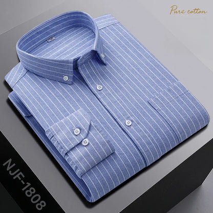 New In Shirt Oversize Long-Sleeve 100%Cotton Shirts for Men Slim Fit Formal Plain Shirt Plaid Casual Tops Designer Black Clothes
