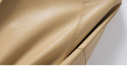 M-4XL Women's Sheepskin Coat Fashion Khaki Zipper Elastic Waist Female Long Sleeve Casual Loose Split Leather Jackets 2024 New