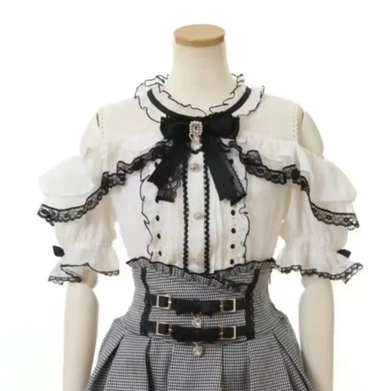 Women Japanese Sweet Lolita Blouses Summer Elegant Bow Off Shoulder JK Shirt Female Gothic Hot Girls Casual Lace Ruffles Tops