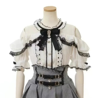 Women Japanese Sweet Lolita Blouses Summer Elegant Bow Off Shoulder JK Shirt Female Gothic Hot Girls Casual Lace Ruffles Tops