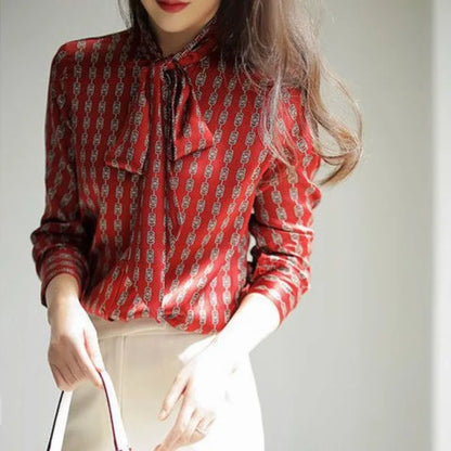 Harajuku Vintage New Fashion Scarf Neck Long Sleeved Women's Blouse Printed Shirt Casual Loose Youth Tops Elegant Female Clothes