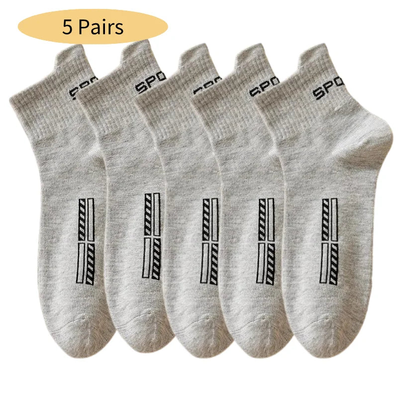 5 Pairs Cotton Sock for Men Sport Breathable Soft Letter Fashion Sneakers High Elastic Middle Tube Stocking Towel Sox Summer