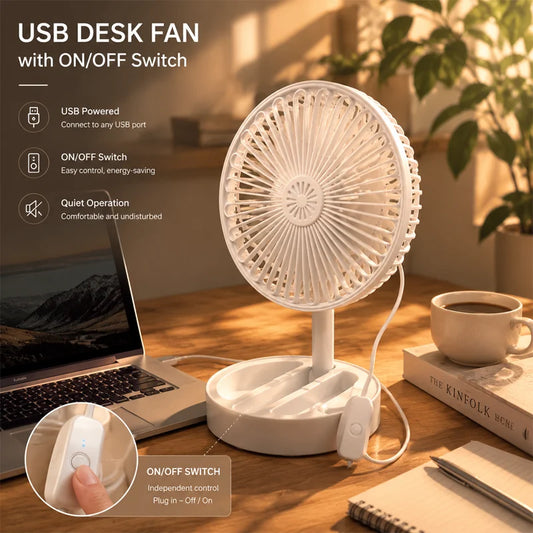 New USB Desk Fan with On/Off Switch Button Quiet Portable Cooling Fan for Office Bedroom Powerful Airflow Easy Control USB Power