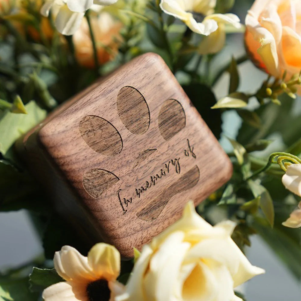 Walnut Wood Pet Hair Keepsake Box, Paw Print Engraved Memorial Urn for Dog Fur Teeth Ashes, Portable Mini Memory Storage Box