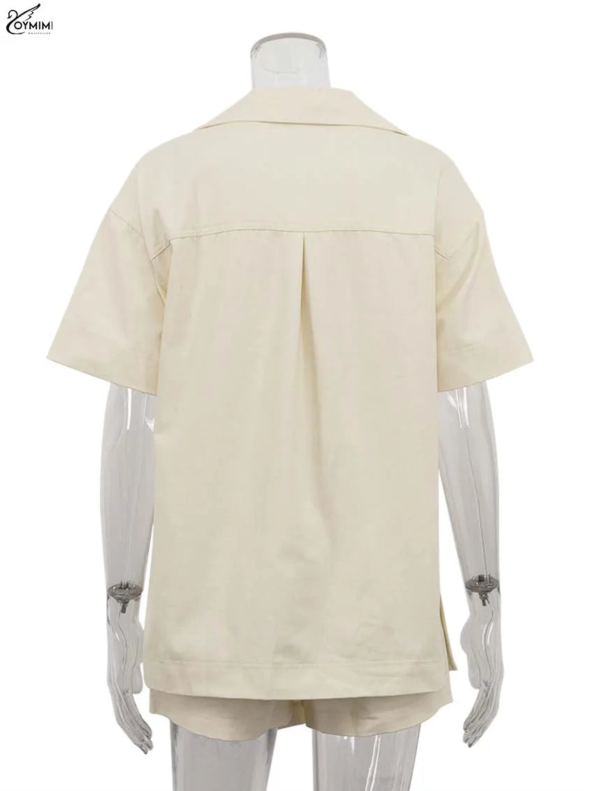 Oymimi Fashion Beige 2 Piece Sets Woman Outfit Elegant Lapel Short Sleeve Pockets Side Slit Shirts And High Waisted Shorts Sets