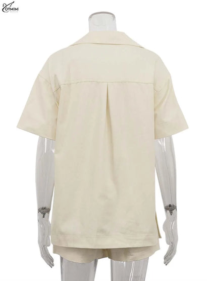 Oymimi Fashion Beige 2 Piece Sets Woman Outfit Elegant Lapel Short Sleeve Pockets Side Slit Shirts And High Waisted Shorts Sets