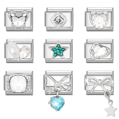 Shiny Zircon Stars Heart Bow Knot Butterfly Italian Charm Links Fit 9mm Stainless Steel Bracelet Women Jewelry DIY Making Gifts