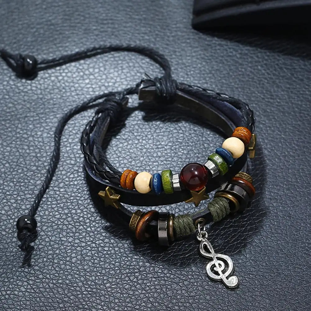 High-end Men And Women Beads Leather Bracelet Vintage Bracelet Bracele Bracelet Star Note Bracelet Musical Adjustable Multi F9J3