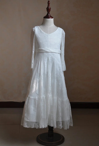 Kids Clothes White Lace Girls Full Sleeve Princess Dress Wedding Fancy Girl Long Dresses Elegant Evening Party Ball Gown 2 to 14