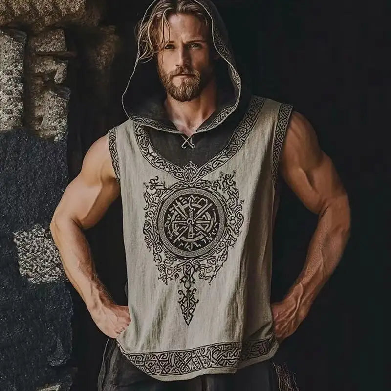 Ethnic Men's Summer Sleeveless linen Casual Pullover Hoodie Top 2025 Vintage Print V-neck Trendy Perspective Hoodie Sweatshirt