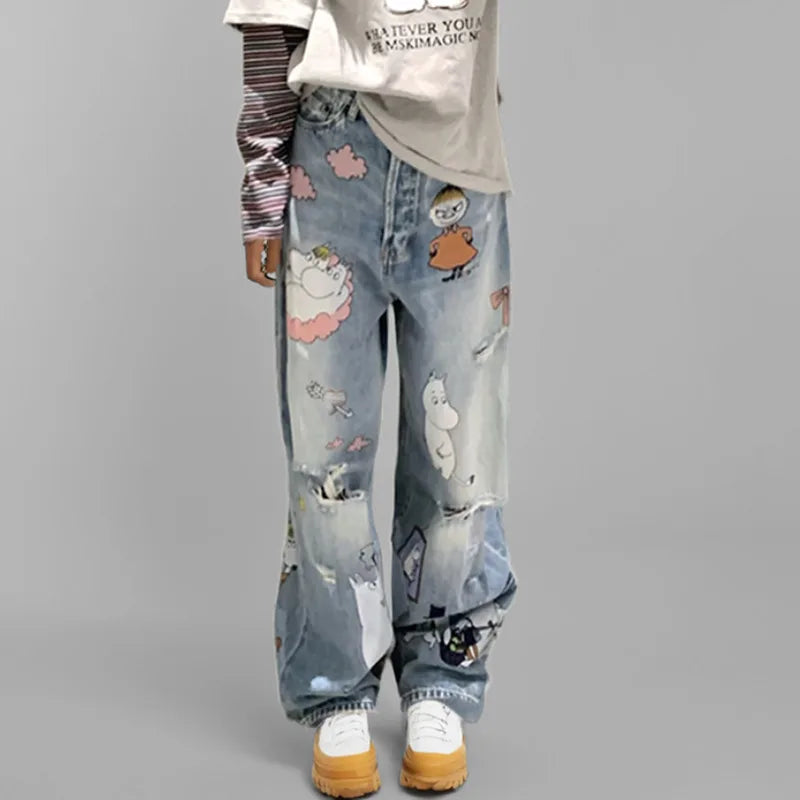 WTHT Fashion Trendy Women's Cartoon Print Hole Straight Jeans 2025 Spring New High Waist Wide Leg Denim Pants Female 1LS1175