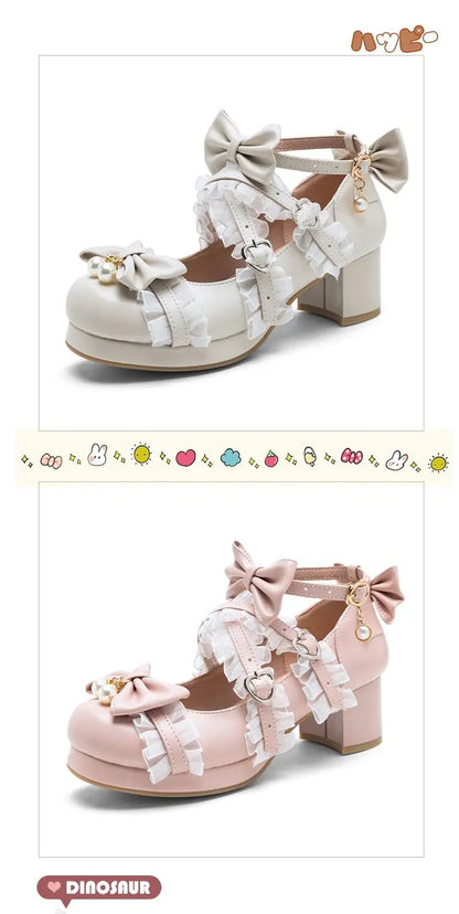 NASBAVI White Lace Bow Cosplay High Heels Women Cross Strap Buckle Platform Mary Jane Shoes Female Party Princess Lolita Pumps