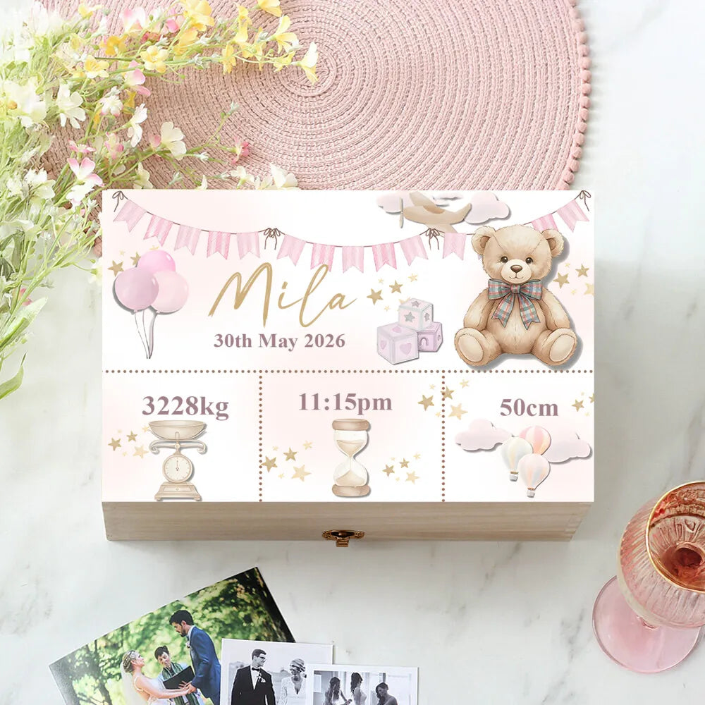 Custom Baby Wooden Memory Box Newbron Shower Gift Personalized Infant  Keepsake Box Baby Birth Stats Box Umbilical Cord Box