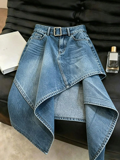 2026 New Blue Washed Denim Irregular Half Skirts Women's Summer High Waisted A-line Skirts