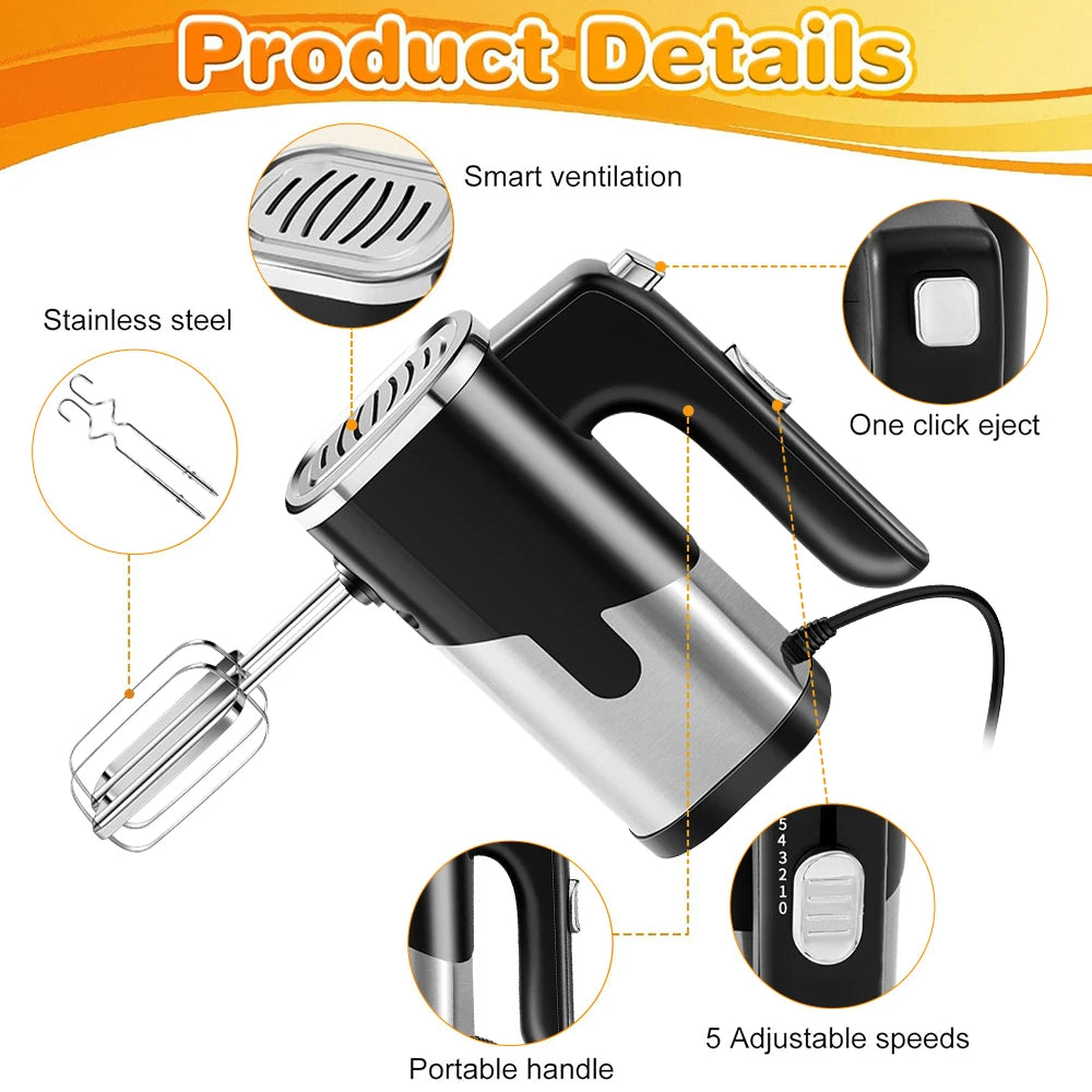 800W Electric Food Mixer Double Sticks Egg Beater Knead Dough 5 Speeds Kitchen Blender Cream Jam Pudding Milkshake Hand Mixer