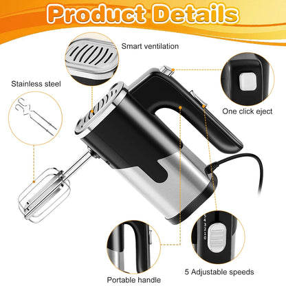 800W Electric Food Mixer Double Sticks Egg Beater Knead Dough 5 Speeds Kitchen Blender Cream Jam Pudding Milkshake Hand Mixer