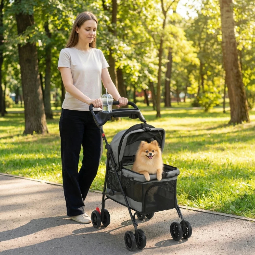 Foldable Pet Stroller for Small Dogs up to 10kg, Lightweight Dog Buggy with Mesh Windows, 360° Swivel Wheels, Brake, Removable Cushion, Cup Holder & Storage, Ideal for Travel, Gray