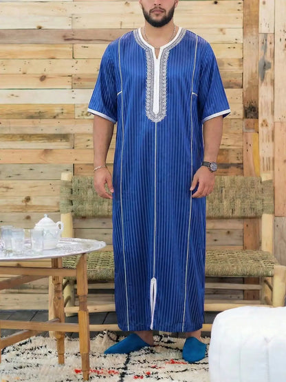 Muslim Men's Morocco Gandoura Thobe Loose Short Sleeves Gorgeous Embroidery Comfortable Islamic Men's Traditional Clothing Party