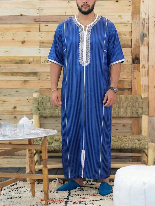 Muslim Men's Morocco Gandoura Thobe Loose Short Sleeves Gorgeous Embroidery Comfortable Islamic Men's Traditional Clothing Party