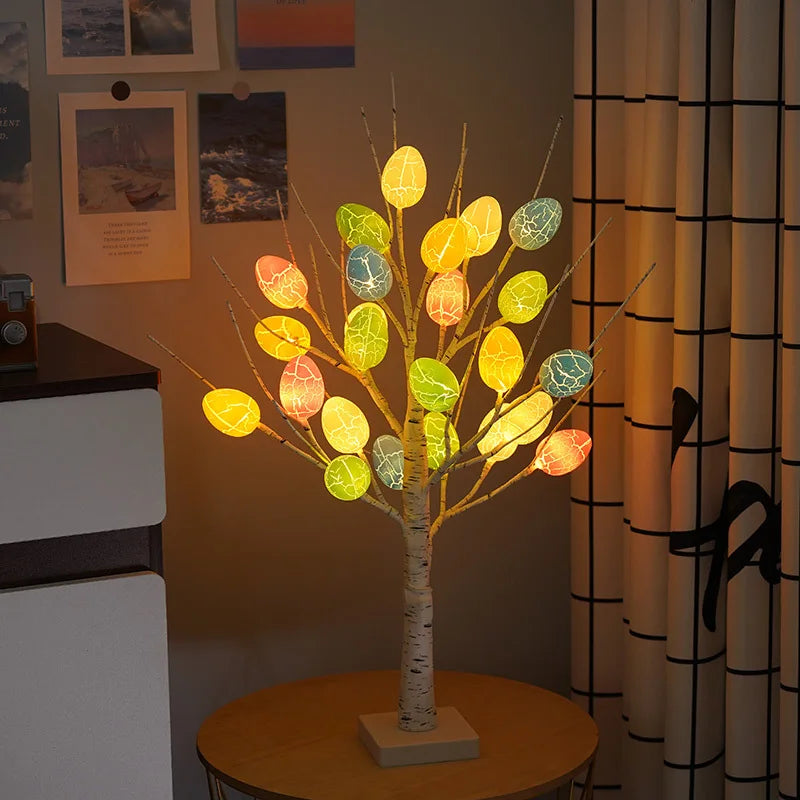 60cm Easter Brich Tree Lamp 40LED Easter Eggs Ornaments Hanging Easter Decorations for Home Spring Festival Party Table Decor