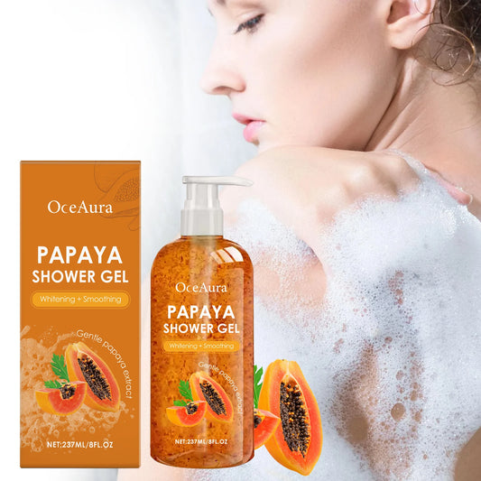 Papajų balinamasis dušo gelis. Šveitiklis, mažinantis pigmentaciją, ilgai išliekantis aromatas, gaivinantis, reguliuojantis riebalų išsiskyrimą, drėkinantis, gausiai putojantis kūno prausiklis.
