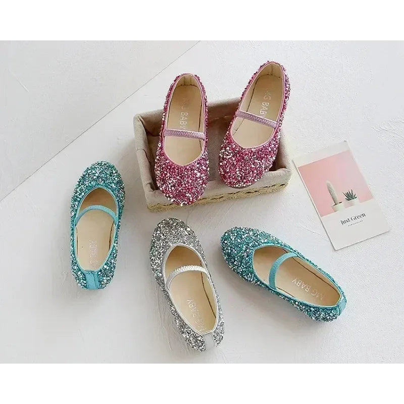 2025 Spring 1 to 12 years old girls dress shoes Beauty Pointed Toe Teen Girl Leather Shoes Bling Princess Wedding Shoes