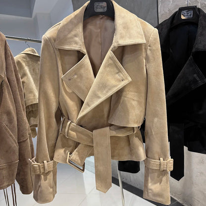 YOLOAgain 2025 Autumn Elegant Real Leather Jacket Coat Women Oversized Leather Jacket With Belt