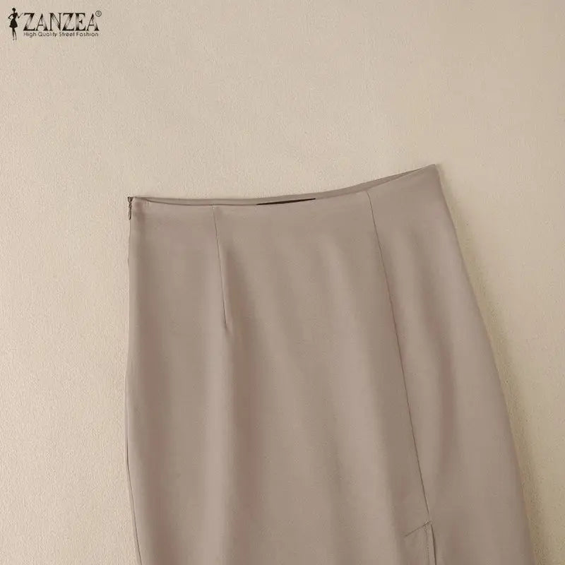 ZANZEA Women's High Waist Pencil Midi Skirt Office Lady Elegant Side Split Bodycon Skirts Casual Solid Color Woman Bottoms S-3XL