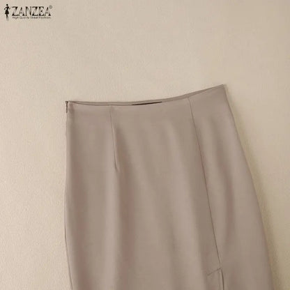 ZANZEA Women's High Waist Pencil Midi Skirt Office Lady Elegant Side Split Bodycon Skirts Casual Solid Color Woman Bottoms S-3XL