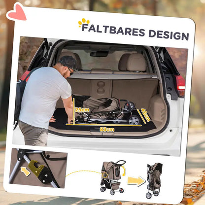 Coffee Foldable Dog and Cat Stroller Buggy, Suitable for Small Pets Weighing up to 10kg, Pet Travel Carrier Stroller with Comfort Cushion, Breathable Mesh Windows, Cup Holder and Extra Storage Bag for Daily Outdoor Use