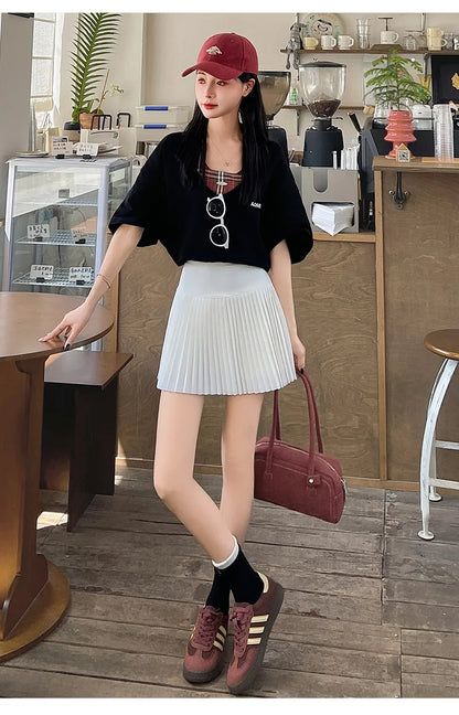 Korean Style Women Pleated A-line Skirts With Pants Mini Skirts Elastic Waist Casual High quality Summer A-line Skirts