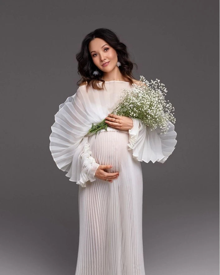 Fashion Organza Pleated Maternity Dress for PhotoShoot Pregnancy White Dress Plus Size Photography and Maternity Dresses YEWEN