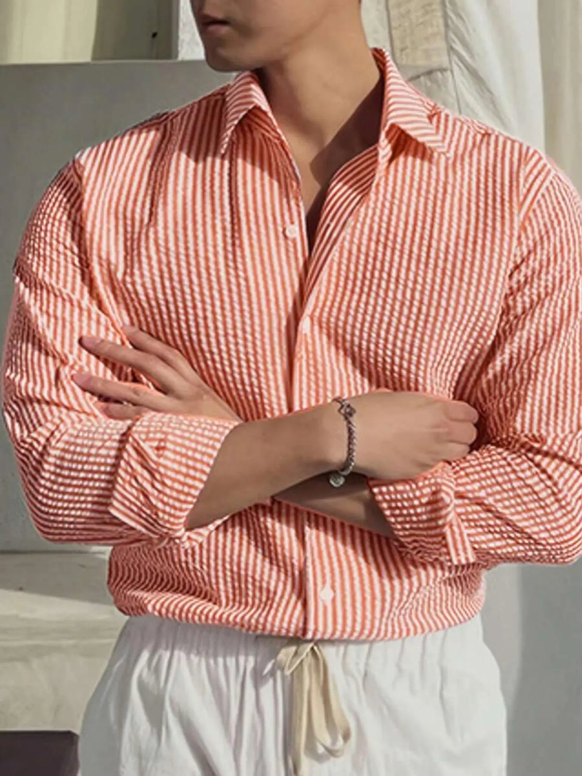 Men's Long Sleeve Striped Shirt with Loose Fit Stylish Comfortable Casual Wear for All Seasons Ideal for Outdoor Activities