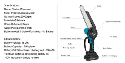 Gisam 8 Inch Brushless Electric Saw One-handed  Electirc ChainSaw Woodworking Garden Tool Pruning Saw For Makita 18v Battery Pin