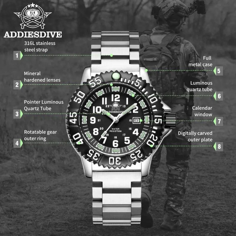 Addies Dive Men Fashion Casual Watch Calendar Display 50m Waterproof Tube Luminous Watch Black Dial Rotating Bezel Quartz Watch
