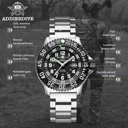 Addies Dive Men Fashion Casual Watch Calendar Display 50m Waterproof Tube Luminous Watch Black Dial Rotating Bezel Quartz Watch