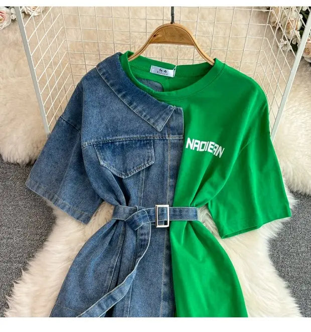 Retro Hong Kong Sle Chic Casual Mid-Length round Ne Patchwork Color Denim irt with Belt Spring New Women's Faion Top