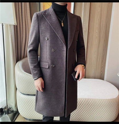 Autumn Winter Vintage Men's Woolen Long Coat Fashion Lapel High Quality Double Breasted Formal Men Slim Fit WindBreaker Overcoat