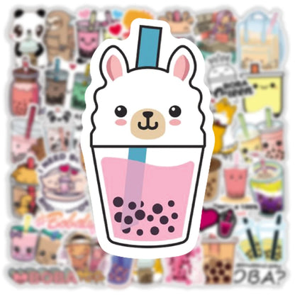50PCS Cute Cartoon Pearl Milk Tea Stickers Pack For Stationery Luggage Laptop Decal Kids Gift