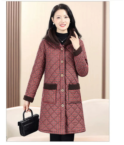 Winter Coat New Vintage Velvet And Thickening Single breasted Cotton Coat for Women Fit Cotton Clip Warm Long Parka Plaid Coat