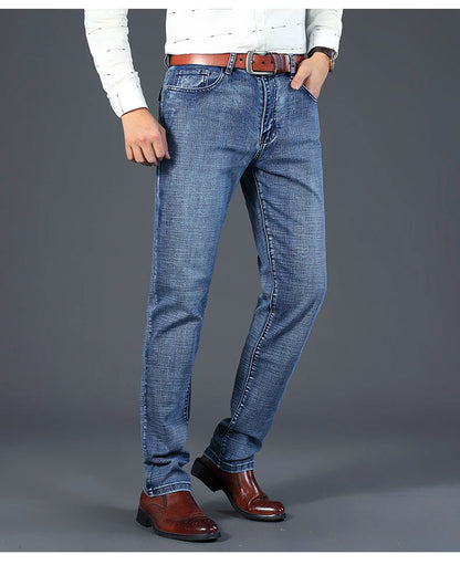 2026 Brand Slim Washed Jeans Casual Straight Stretch Fashion Classic Blue Black Work Denim Trousers Male Brand Clothing