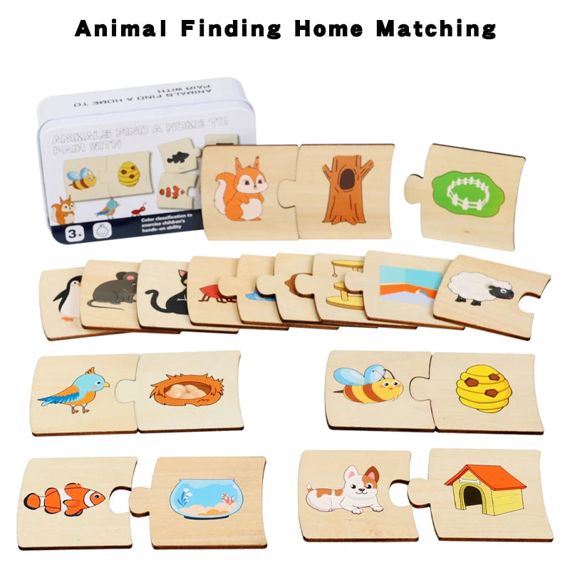 Children's Iron Box Number Enlightenment Paired Wooden Animal Food Puzzle Board Logical Thinking Training Game Educational Toys