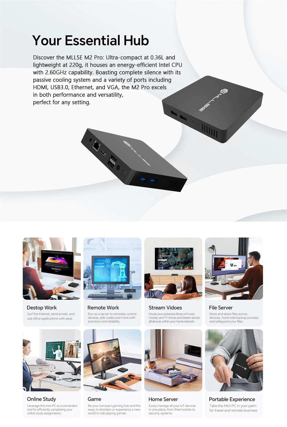Mini PC MLLSE M2 Pro, processor Intel J3710, 8 GB RAM, ROM Go, Wi-Fi 5, BT 4.2, Windows 10 miniature desk computer