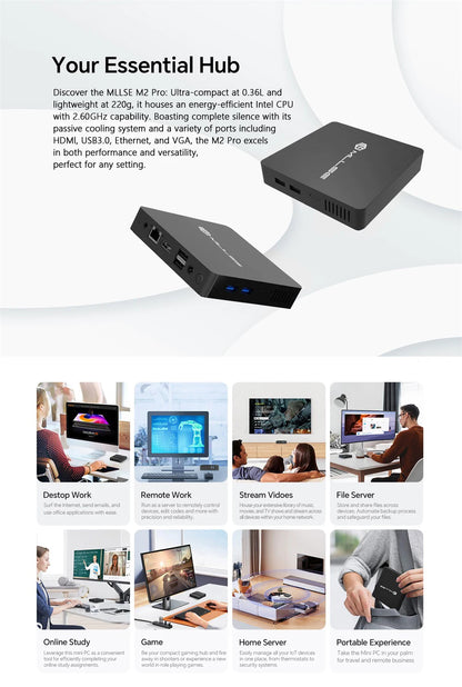 Mini PC MLLSE M2 Pro, processor Intel J3710, 8 GB RAM, ROM Go, Wi-Fi 5, BT 4.2, Windows 10 miniature desk computer