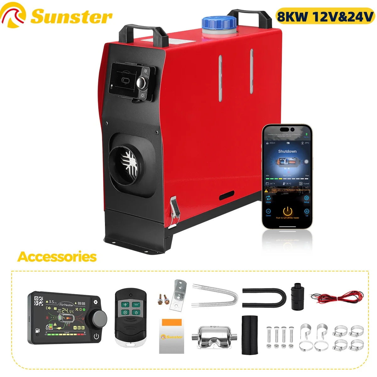 8KW Diesel Air Heater 12V&24V All in One Parking Heater with LCD Switch & Remote Control Bluetooth APP for RV Truck Car Tent