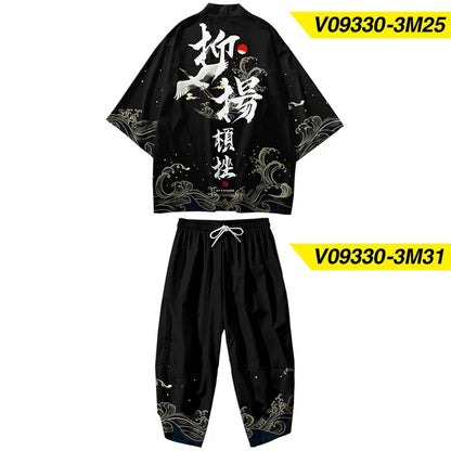 Large Size 5XL 6XL Japanese Kimono Cardigan Pants Set Print Fox Men Women Shirt Tradition Yukata Haori Obi Cosplay Costume