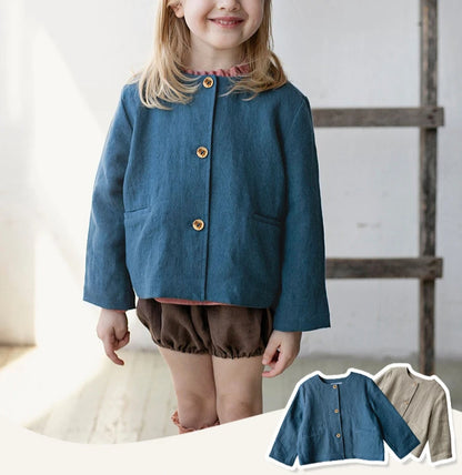 Spring Thin Retro Linen Jacket Children 2026 New Solid Color Single-Breasted Cardigan Casual Long-Sleeved Boys And Gilrs Coats