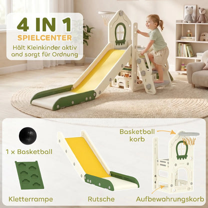 4-in-1 foldable slide with a climbing element, basketball hoop, storage space, and a basketball for children aged 1 to 3, cream white